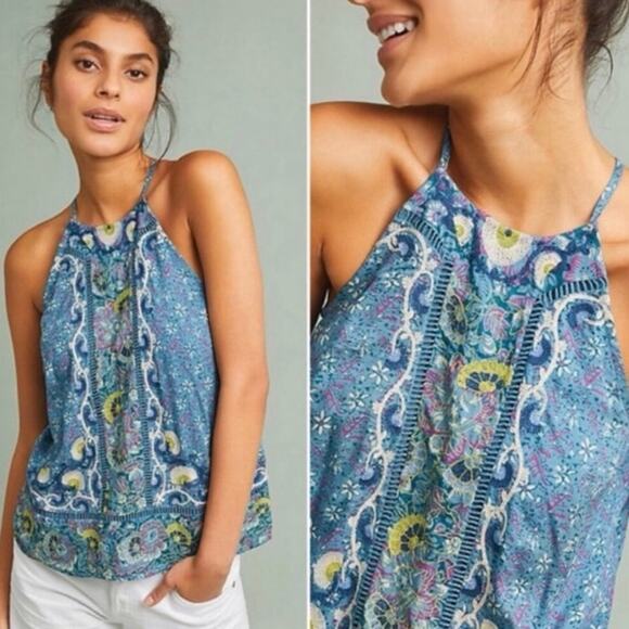 Anthropologie Akemi + Kin Blue Embroidered Halter Top - Picture 1 of 7